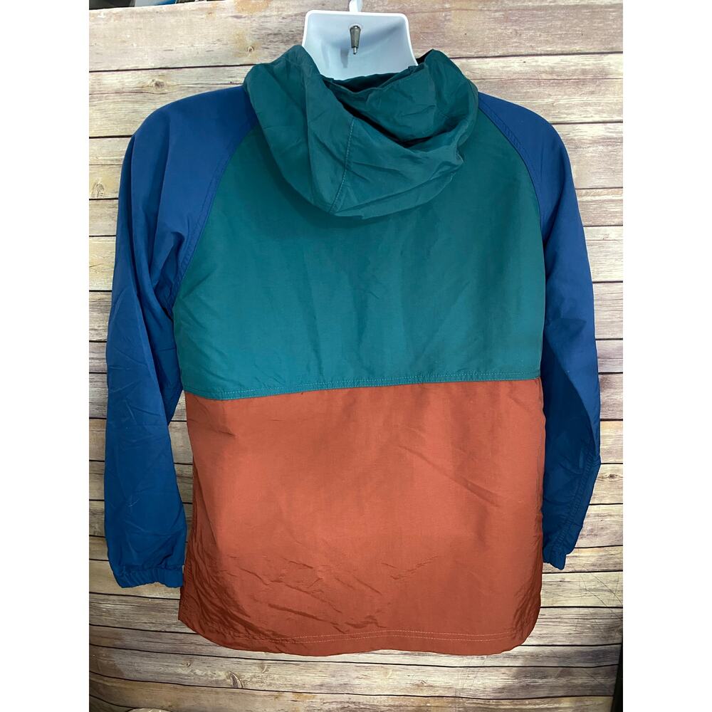 L.L.Bean Colorblock Pullover Jacket Small Petite Blue Green Rust Drawstring Hood - Picture 2 of 8